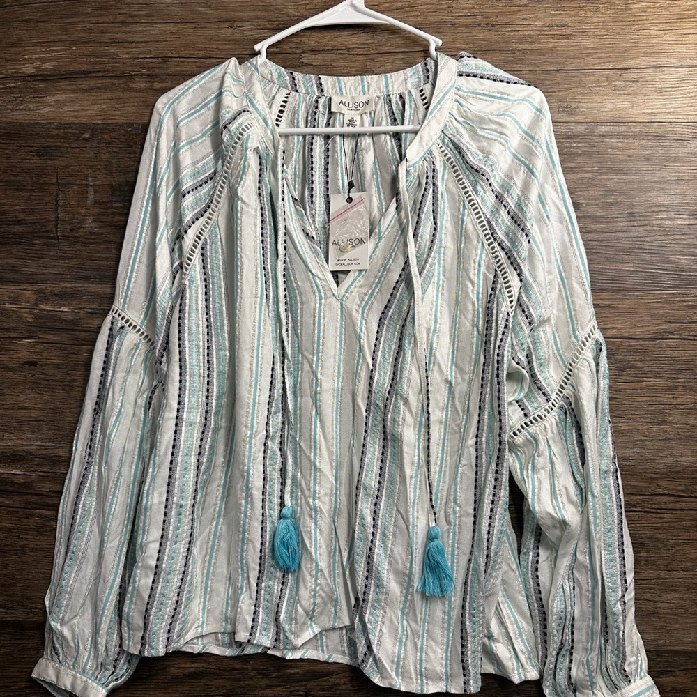 Allison Taylor White Blue Silver Tie Front Tunic
